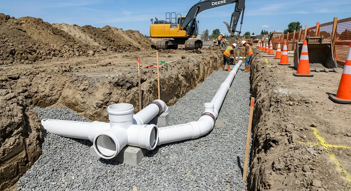 New PVC sewer pipe installation in open trench for Sewer Backup in Lorain