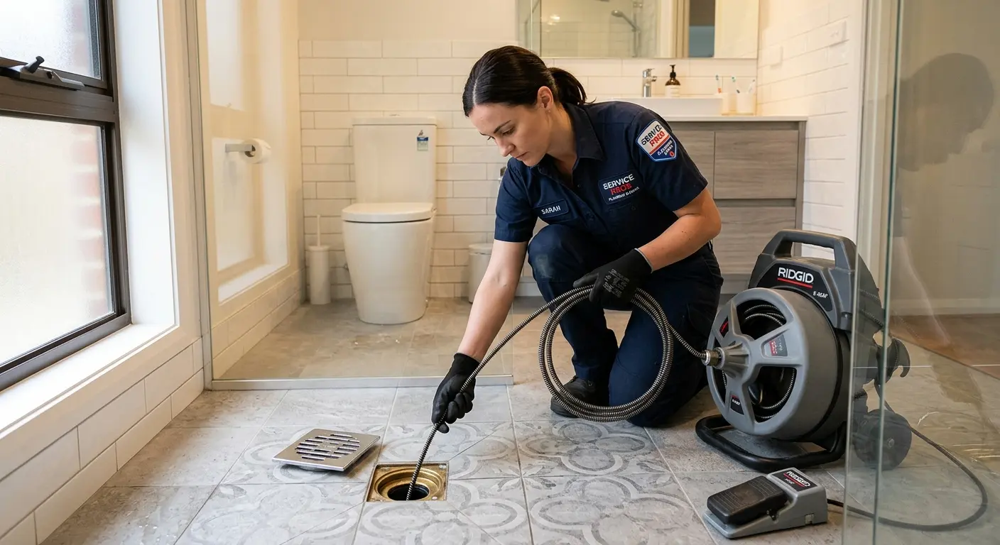 Technician clearing a bathroom floor drain for Sewer Line Replacement in Lorain